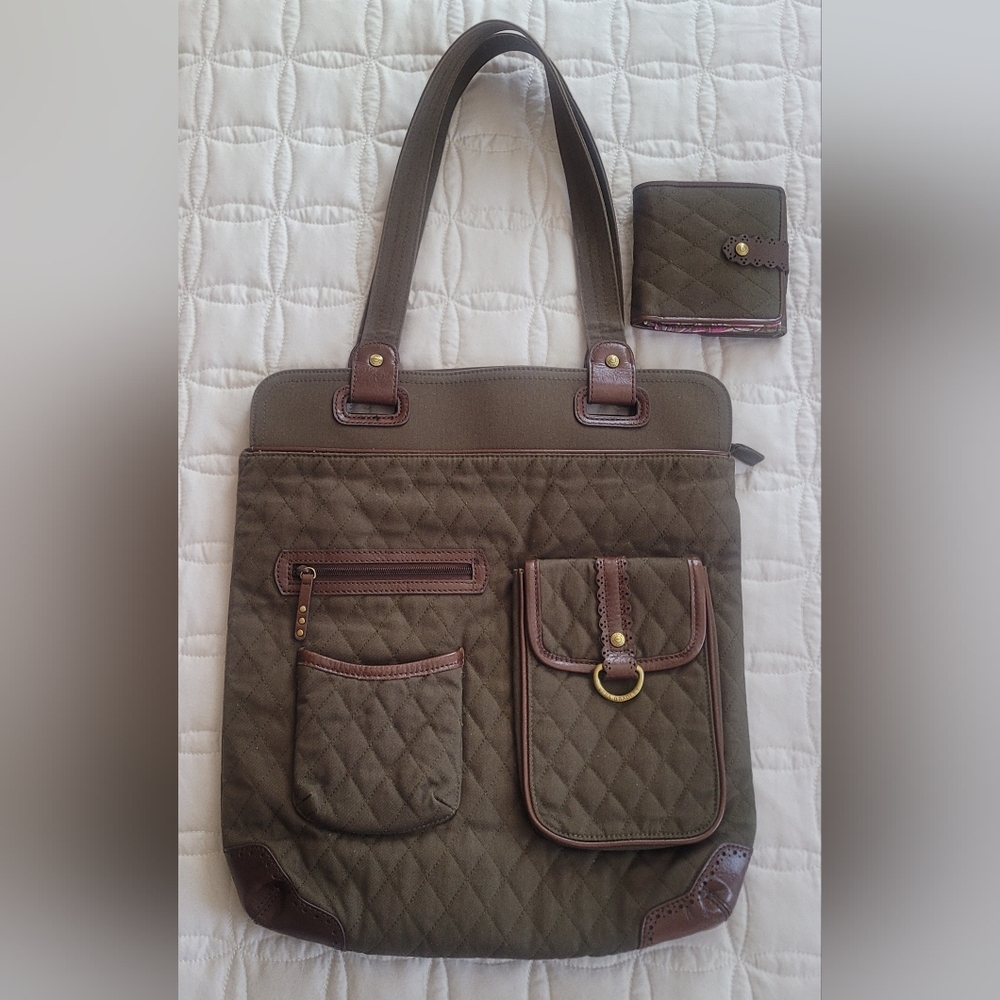 Vera Bradley Middleton Slim Tote & Wallet Olive Green Brown Leather Floral Pink